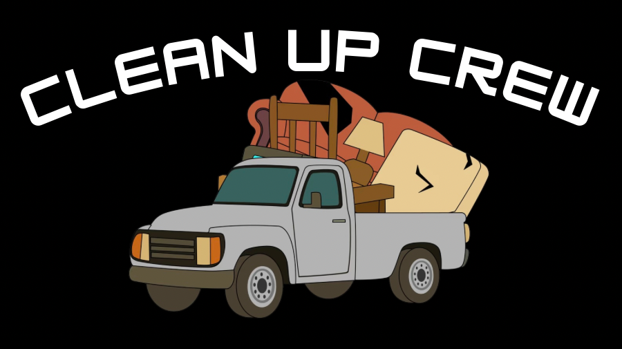 Clean Up Crew logo featuring a pickup truck loaded with household items